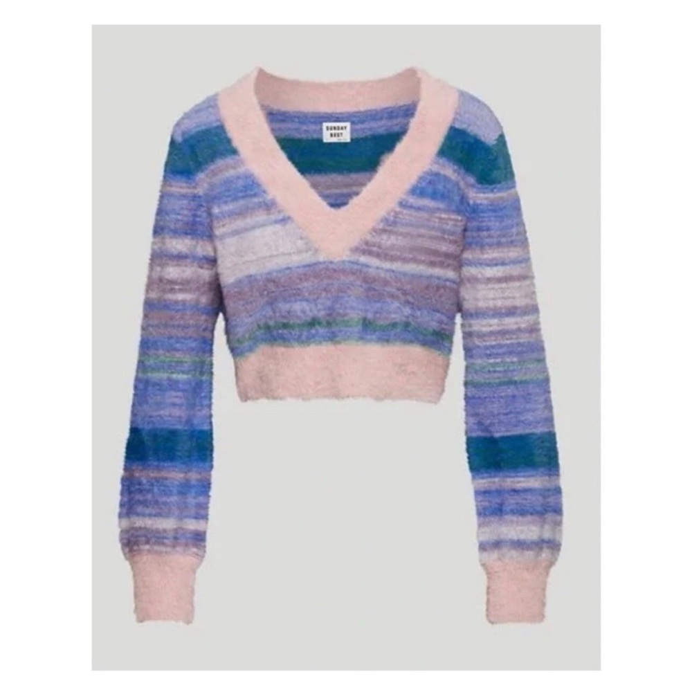 Aritzia Sunday Best Kitten V-neck Fuzzy Eyelash Knit Cropped Striped Sweater